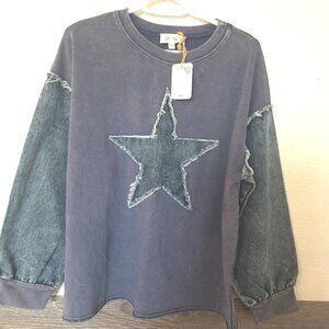 NWT Sage + Fig Denim Star Patch Pullover Sweatshirt Size Small